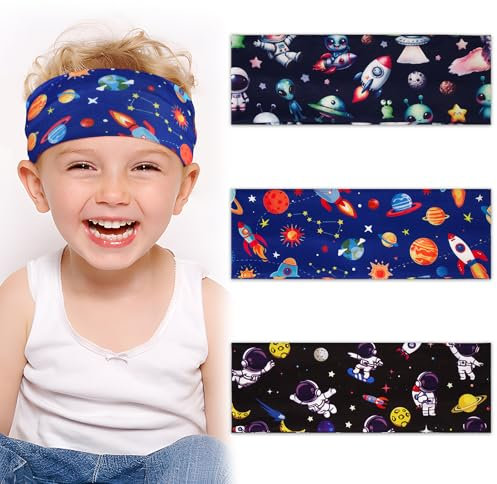 3pcs Bandeaux Large Cheveux Garçon Headband Serre Tête Élastique Forme Planète Astronaute Dessin Animé Bleu Noir Bandeau de Course Yoga Sport Accessoires de Coiffure Maquillage pour Filles Garçons
