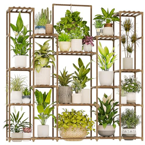Bamworld Großes Pflanzenregal Pflanzenständer Indoor Hängend Hoch Outdoor Pflanzenhalter Holz für Mehrere Pflanzen Pflanzenregal für Wohnzimmer Garten Balkon Blume 17 Töpfe Breit