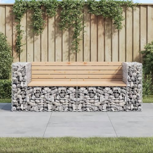 Keyroto Gartenbank aus Gabionen Gartenbank Stein Gabionen Bank Gartenbank Holz Gabionenbank Witterungsbeständig Gartenbank Gabione Sitzbank Bank Massivholz Kiefer-Natürliche-184x71x65,5 cm
