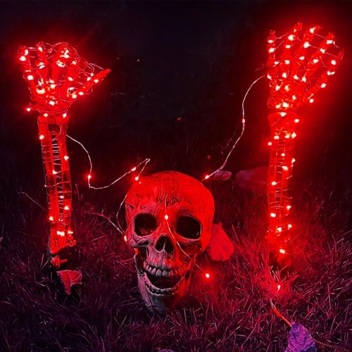 Red Lighted Halloween Skeleton Decorations, 3PCS Life Size Outdoor Skeleton Head & Arms, Movable Joints for Halloween Garden Decorations