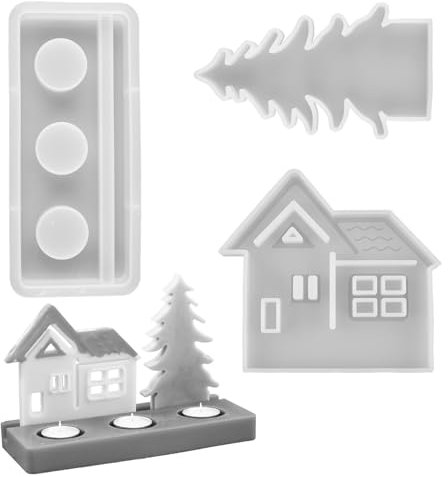 Luckwaii Stampo per Candele 3 Pezzi Stampi in Silicone per Resina a Forma di 3D Albero Stampo in Silicone Casa con Base in Gesso per La Casa di Colata Albero Stampo in Silicone per L'artigianato