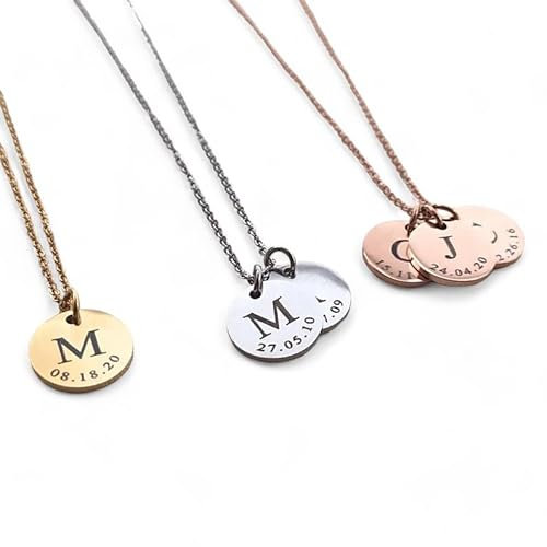 Fiona's Favourites TMT® Personalised Initial Date Disc Necklace, 18K Gold Dipped Plating, Engraved Initial and Date, Gold, Silver or Rose Gold, Personalised Necklace Name Necklace
