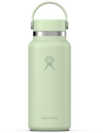 HYDRO FLASK - Wide Mouth Trinkflasche 946ml (32 oz) - Isolierte Wasserflasche aus Edelstahl - Sportflasche mit auslaufsicherem Flex Cap-Deckel & Gurt - Thermoflasche Spülmaschinenfest - Aloe