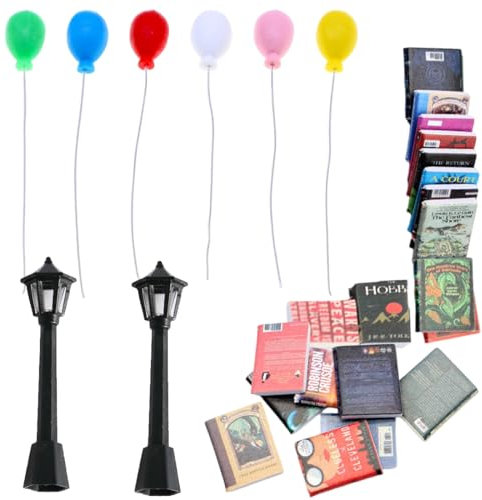 GXGM 28 Stück Miniatur Puppenhausbücher Set,Mit 2 Spielzeug-Straßenlaternen und 6 Bunten Miniatur-Plastikballons,Mini-Bücher Puppenhaus Zubehör,Bücher Dekoration für Arbeitszimmer Schlafzimmer
