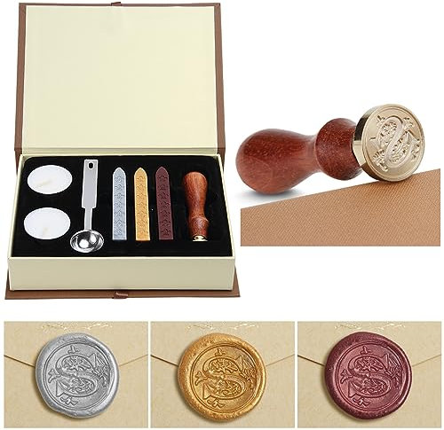 Wax Seal Stamp Kit, Classical Old-Fashioned Antique Wax Stamp Seal Kit Initial Letters Alphabet Set Gift Box with Vintage Wooden Handle and Brass Color Head (S)