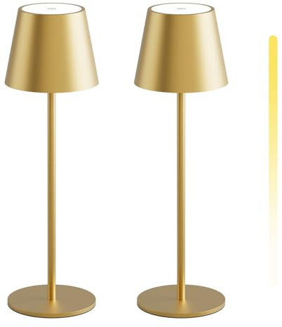 K-Bright 2 Stück LED Dimmbare Akku Tischlampe Kabellose, Wiederaufladbar 3000K/4000K/6000K Drei Farbtemperaturen Tischleuchte mit USB-C, IP54 Wasserdichte, Gold