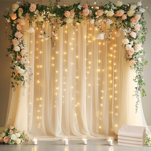 Fomcet Tüllvorhänge mit Lichterkette, Champagner, 6,4 x 2,4 m, durchscheinende Hintergrundvorhänge für Partys, Hochzeiten, Babypartys, Fotoshootings, Dekorationen (4 Paneele, 15,7 x 2,4 m)