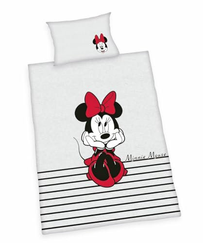 Herding Kinder Renforce Baby Bettwäsche 2 TLG. 100x135cm Disney Minnie Mouse Grau Schwarz Rot Schleife Reißverschluss