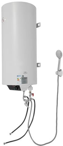 50 L Elektro Warmwasserspeicher, 2 kW Speichertank Wandhängend Warmwasserboiler, Heiztemperaturbereich 25-75℃ mit Wasserhahn & Duschkopf für Bäder, Warmwasserbereiter dusche (50L)