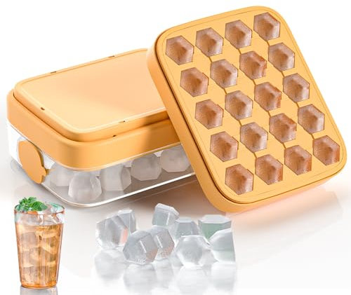 Ice Cube Tray with Lid and Bin, Silicone Ice Trays for Freezer, Quick-Fill Ice Cube Mold with 20 Cubes, Easy to Release Ice Cube Trays for Cocktail, Whiskey, Coffee, Drinks (Orange)