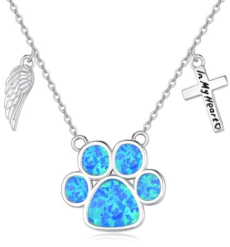 KINGWHYTE Hund Opal Halskette für Frauen 925 Sterling Silber Paw Print Anhänger Kreuz Engel Flügel Halskette Blau Opal Schmuck für Frauen Damen Mama Tochter