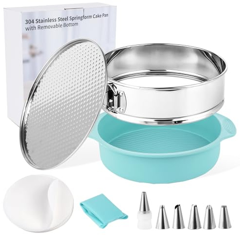 Spmarkt Premium Springform aus 304 Edelstahl mit abnehmbarem Boden, Silikon-Käsekuchen-Schutz mit 50 Stück Pergamentpapier, ideal für professionelle und private Bäcker