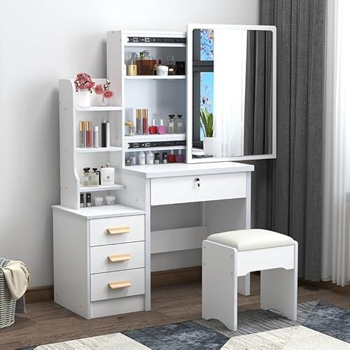 Dressing Table with LED Lights and Adjustable Brightness, Vanity Desk with Mirror, 4 Drawers, 6 Hidden Shelves, and Stool, Makeup Desk for Bedroom, Modern Makeup Table with Mirror and Chair, White