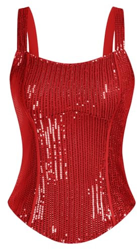 GRACE KARIN Damen Spaghettiträger Tops Pailletten Crop Tanktop Casual Glänzende Party Tops Rot M