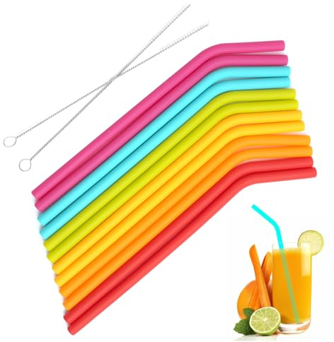 Silikon Strohhalme Wiederverwendbares, 12 Stück Strohhalm Silicone Kinder mit 2 Reinigungsbürste, Silikonstrohhalme für Säfte, Cocktails, Milchtee, Smoothie, Milch, Kaffee