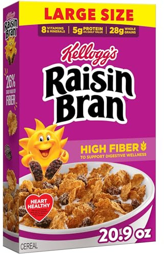 Kellogg’s Raisin Bran Breakfast Cereal, High Fiber, 28g Whole Grain, Large Size, 20.9 oz
