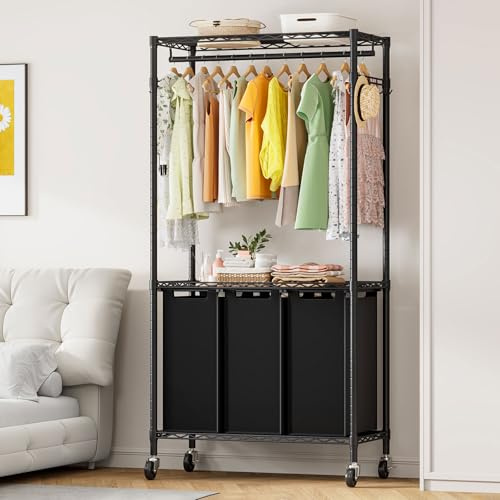 KZOBYD Wäschekorb mit Verstellbares Regal und Kleiderstange, Metall Wäschesortierer mit Rollen, Kleiderständer mit Wäschesammler, Schwarz Wäschewagen, 3 Ausziehbarer Wäschesack