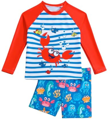 Traje de Baño de Manga Larga de 2 Piezas para Niño Conjuntos Rashguard Bañador Protección Solar UV Secado Rápido Camiseta Natacion Y Pantalones Cortos Estampado de Dibujos Animados Surf Piscina