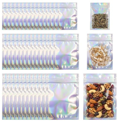 150 Pieces Holographic Bolsas de Mylar 3 Tamaños Resealable Bolsa Aluminio Bolsa Planas Cremallera de Laser Foil Bolsas Planas Ziplock con Ventana Transparente para Producto Embalaje