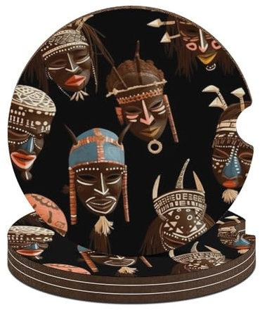 Auto-Untersetzer, afrikanisches Ritual, ethnischer Tribal-Stil, Auto-Getränkehalter, saugfähig, mit Fingerkerbe für Damen und Herren, niedliches Holz-Untersetzer-Set, universal, rutschfest, für