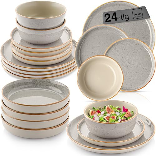 SÄNGER Rio Perlgrau | Tafelservice 24 teilig, Steingut Geschirr Set 6 Personen, 6x Teller 6x Frühstücksteller 6x Tiefe Teller 6x Pastaschalen Geschirrset und Schale, grau | VALUE COLLECTION