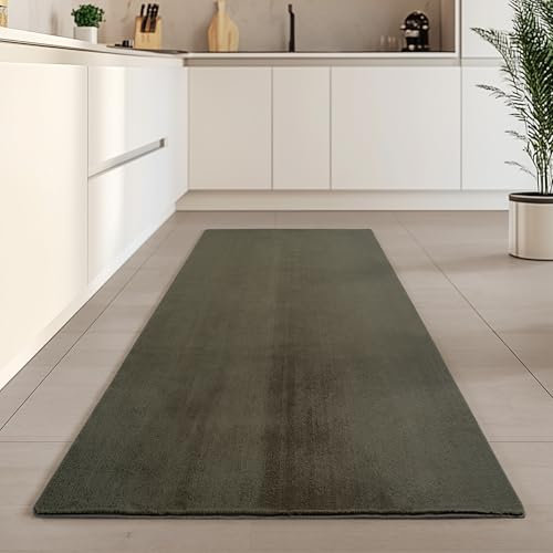 Carpetsale24 Kurzflor Teppich Läufer Flur 80 x 250 cm Grün - Teppich Waschbar, rutschfest, Weich, modern einfarbig Design - für Wohnzimmer, Schlafzimmer, Küche, Esszimmer