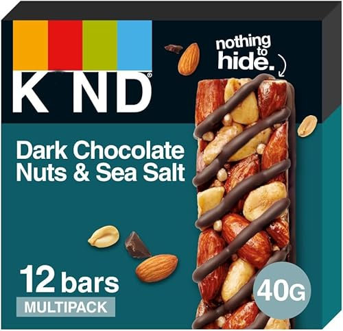KINDA Bars, Gluten Free Snack Bars, Dark Chocolate Nuts & Sea Salt, High Fibre, Healthy Snack, No Artificial Colours, Flavours or Preservatives, Multipack 12 x 40g (Pack of 2)