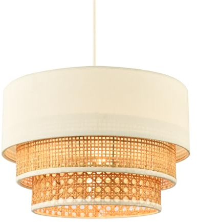 Contemporary Triple Tier Cream Linen Fabric and Natural Rattan Sections Pendant Light Shade | 17cm x 30cm | Vintage Sleek Style by Happy Homewares