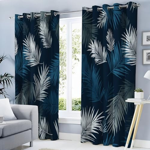 2 Foglie Di Palma Tende Oscuranti per Interni Pezzi 140L X 220A cm, Piante Tropicali Tenda per Soggiorno, Blu Scuro Tende Coprente Termiche Isolanti per Finestra Camera da Letto Salotto