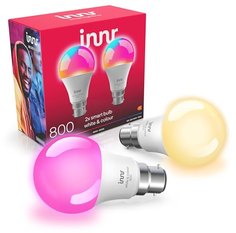 Innr Smart Bulb B22, White & Colour, Works with Hue* and Zigbee Hubs | LED bayonet bulb, 16 million colours, 880 lumen, Dimmable, 2-pack