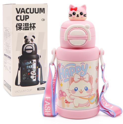 WFKKMEQ Gourde Isotherme Enfants, Acier Inoxydable Chaton Gourde, Enfants Bouteille d'Eau avec Paille, Bouteille Isotherme pour École Sport Maternelle 500ml