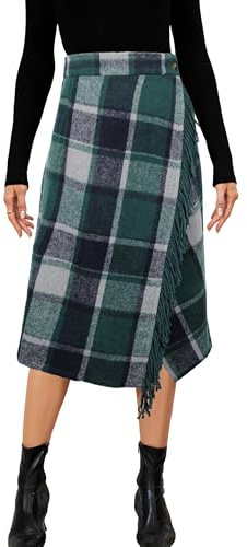 Tanming Womens Plaid Wrap Midi Skirt A Line Fringe Dress(Green-M)