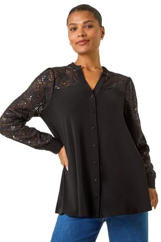 Roman Originals Sequin Embellished Detail Blouse for Women UK - Ladies Autumn Everyday Winter Holiday Notch Neckline Comfy Long Sleeve Soft Shirt Stretch Fabric Tops