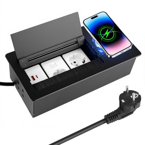 Prise Escamotable PD20W 2 Prises avec 1 USB A + 1 USB C | Charge Sans Fil 15 W, Encastrable pour Table de Travail, Table de Canapé, Maison, Bureau