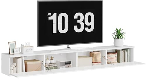 YATINEY Meuble TV Suspendu avec Bandeaux LED, Console de Télé Murale avec 4 Portes Rabattantes et Support TV, 180 x 24 x 22 cm, pour Salon, Chambre, Blanc XDS23DWT