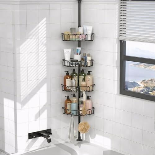 COSYLAND Teleskop Duschregal ohne Bohren - Höhenverstellbar 86-318 cm Eckregal Bad mit 4 Ablagen & Haken - Rostfrei Metall Duschablage Teleskopstange Dusche, Schwarz