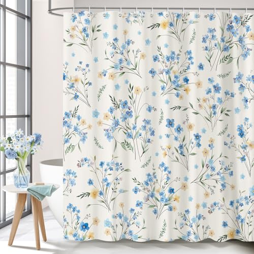 Dazzlewall Rideau de Douche Bleu Floral pour Salle de Bain, Bleu Jaune Fleurs Sauvages Rideaux de Baignoire Imperméable Tissu avec 12 Crochets, 180 x 180 cm