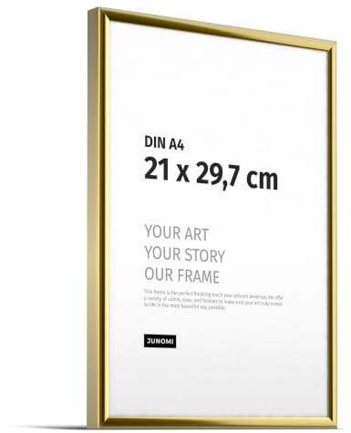 JUNOMI® Bilderrahmen A4 (21x29,7 cm), Aluminium Gold glänzend, Posterrahmen | Aufsteller an der Rückseite, zum Aufstellen oder Aufhängen an der Wand, schmaler Rahmen aus Aluminium mit Acrylglas