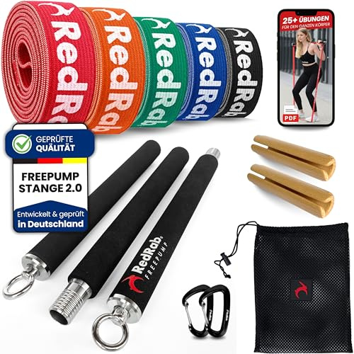 RED RAB Lange Fitnessbänder Stoff inkl. Stange & E-Book für Widerstandsbänder Krafttraining - Fitness Band Set - reißfeste Resistance Bands, Klimmzug Bänder, Trainingsbänder, Krafttrainingssets