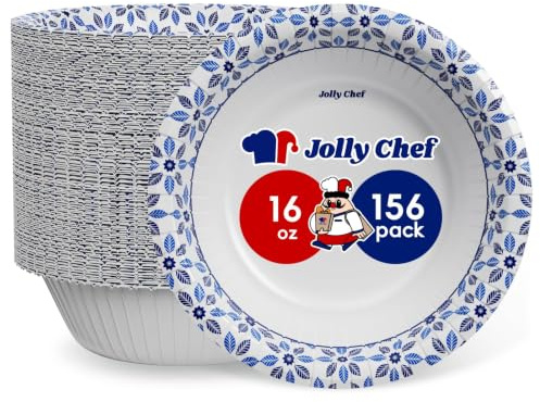 JOLLY CHEF 156 Pack 16oz Disposable Paper Bowls, Microwave Safe for Party | Heavy-Duty Thickened Disposable Bowls, Waterproof Oil Proof, Microwave & Freezer Safe for Soups, Sauces and Wet Foods