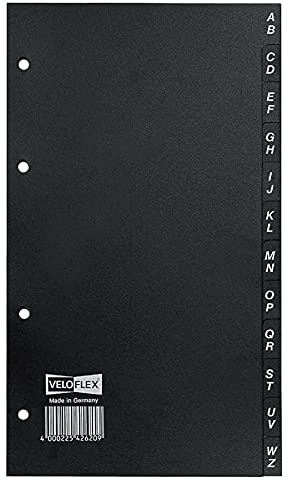 VELOFLEX - Register DIN A5 aus Hart-PVC, A–Z, 12-teilig, Schwarz | Für Visitenkarten- und Telefonbuch, Taben A–Z mit großen Buchstaben, Größe 210 x 108 / 120 mm