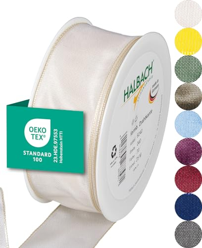 Halbach Seidenbänder Premium Geschenkband mit Drahtkante | Breite 40mm Länge 25m | Öko-Tex 100 zertifiziertes Schleifenband | Taftband Made in Germany, Farbe: creme