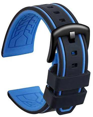 ULLCHRO Bracelet Montre Remplacer Silicone Bracelet Montre Bicolore - 20, 22, 24, 26mm Caoutchouc Montre Bracelet avec Acier Inoxydable Boucle Noir (22mm, Noir et Bleu)