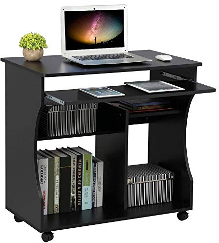 Yaheetech Mesa Escritorio con Ruedas Mesa de Oficina con Bandeja Extraíble 80x48x76 cm Escritorio Ordenador con Cajones para PC Impresora Despacho Estudio Negro