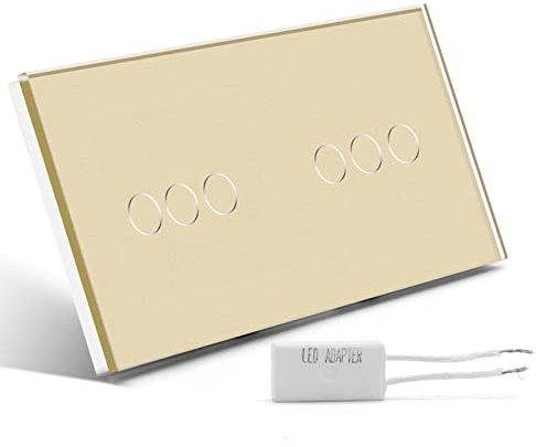 BSEED Interruptor Regulador de Luz, Interruptor Táctil de Pared con Panel de Cristal, 1 Gang 1 Vía + 1 Gang 1 Vía Oro 157mm