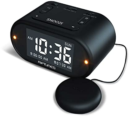 Riptunes Loud Alarm Clock with Bed Shaker for Heavy Sleepers & Hearing Impaired - Dual Alarm for Bedroom Weekday and Weekend Settings USB Charging, Dimmer, Snooze (Black)