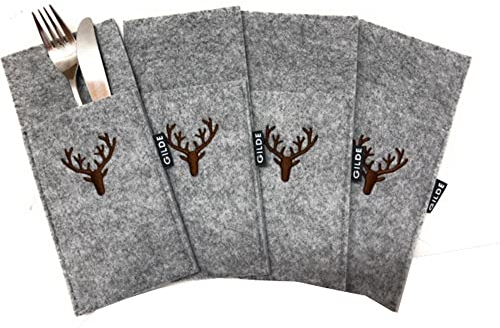 Handwerk Gilde 4er Set Filz Bestecktaschen Hirsch hellgrau groß 28x11x1cm