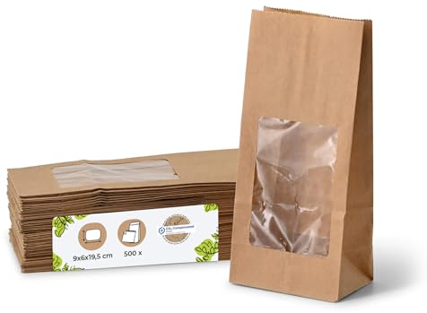 BIOZOYG Blockbodenbeutel Größe S mit Sichtfenster biologisch abbaubar 500 Stk. Papiertüten aus Kraftpapier unbeschichtet mit Fenster aus Biokunststoff PLA Kekstüten Teetüten Gebäcktüten uvm.