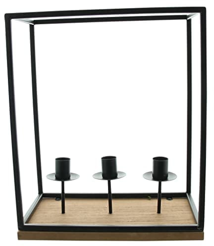 FRANK FLECHTWAREN Kerzenhalter Square, Mattschwarz lackiertes Metall, DREI Stabkerzenhalter, Holzboden, Maße: 25 x 14 x 30 cm, ohne Kerzen