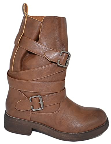 Malu Shoes Stivali biker donna marron con fibbie linea basic moto riders con zip fondo alto gomma comfort crepe altezza gambaletto (37 EU)